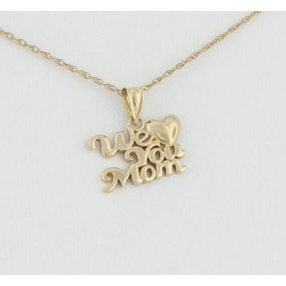 14k Yellow Gold We Love You Mom Heart Necklace 18" Chain